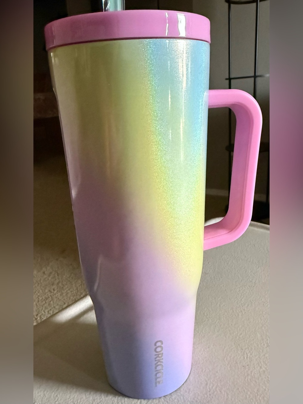 NWT Corkcicle Cruiser 40oz Cup Handle Lid Rainbow Unicorn Shimmer